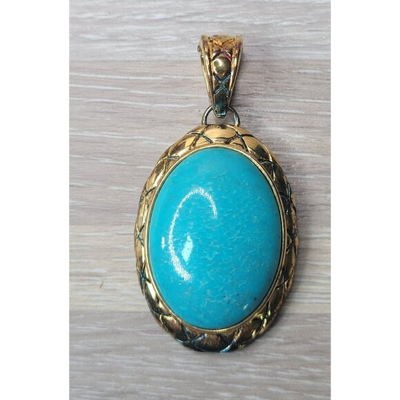 Large Oval Turquoise & Gold Tone Filigree Pendant 17.46g Vintage Boho 177 - Picture 2 of 6